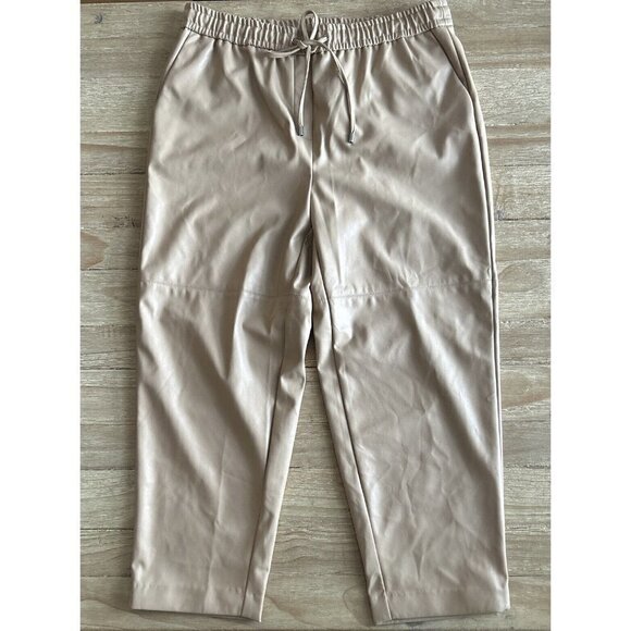 Calvin Klein Pants Vegan Faux Leather Ankle Cropped Nude Tan Drawstring Waist - Picture 1 of 4
